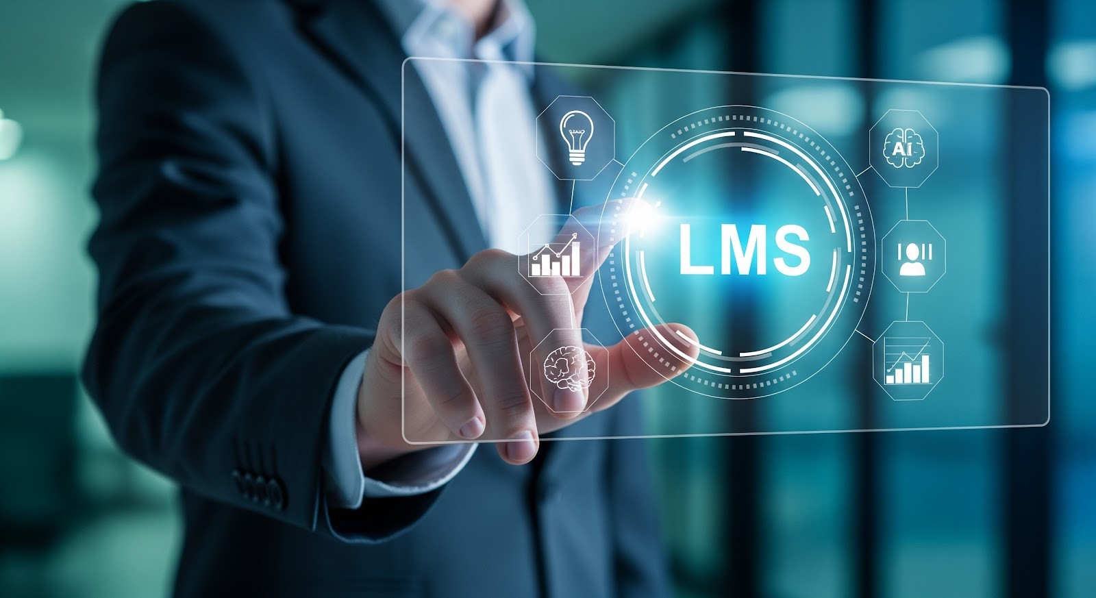 "Business professional using a futuristic virtual interface with icons for LMS (Learning Management System), data analytics, AI, and innovation