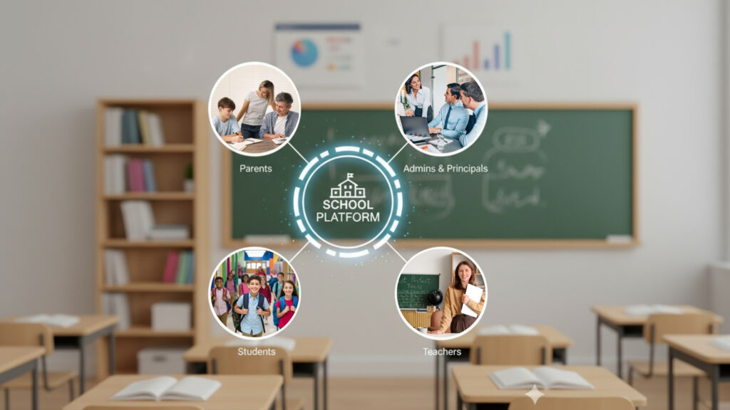 Infographic showing a digital school platform connecting four groups: Parents, Admins & Principals, Teachers, and Students. Each group is represented by a circular photo, parents sitting with a child, school leaders standing outside a building, a teacher giving a presentation, and students raising their hands in class, all linked to a central icon labeled ‘School Platform’ on a blurred classroom background.