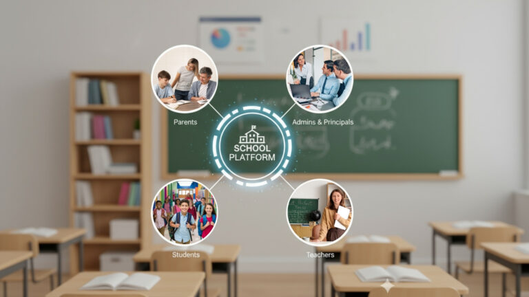 Infographic showing a digital school platform connecting four groups: Parents, Admins & Principals, Teachers, and Students. Each group is represented by a circular photo, parents sitting with a child, school leaders standing outside a building, a teacher giving a presentation, and students raising their hands in class, all linked to a central icon labeled ‘School Platform’ on a blurred classroom background.